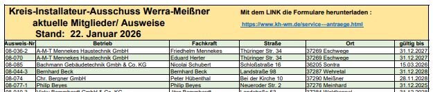 Neuer Stand der Liste Kreisinstallatuer Ausschuss 2026 - Klick hier - oder Menuepunkt Start - um die Liste zu sehen